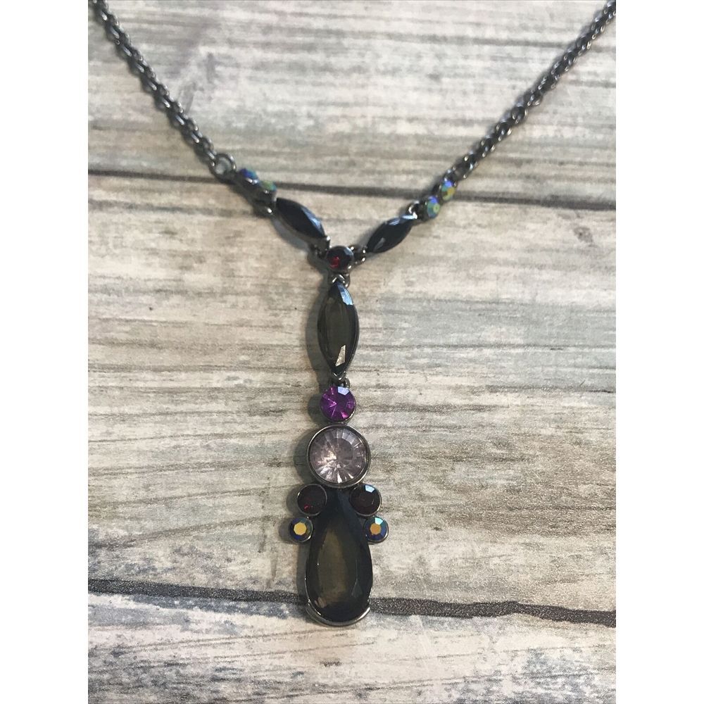 Gunmetal Black Y acrylic Stones purple Smoky settings 18"‎ Necklace